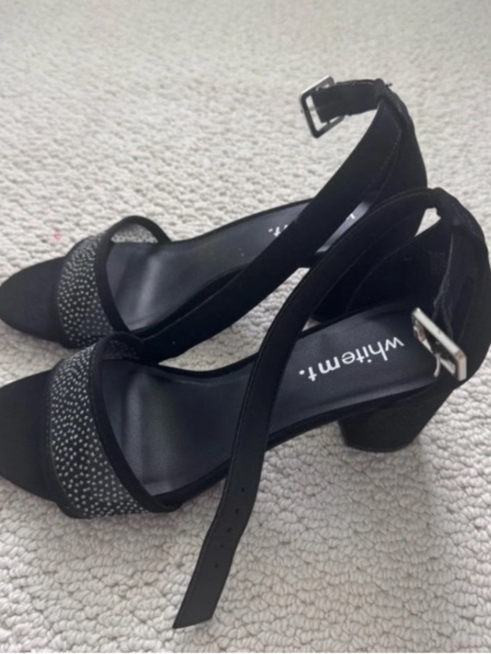 White Mountain Black Ankle-Strap Block Heel Sandals with Sparkle Toe